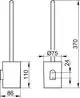 Keuco Toilettenbürstengarnitur, bestehend aus einem kastenförmigen Behälter und einem langen Bürstenstiel, in einer schematischen Darstellung mit Maßangaben.
